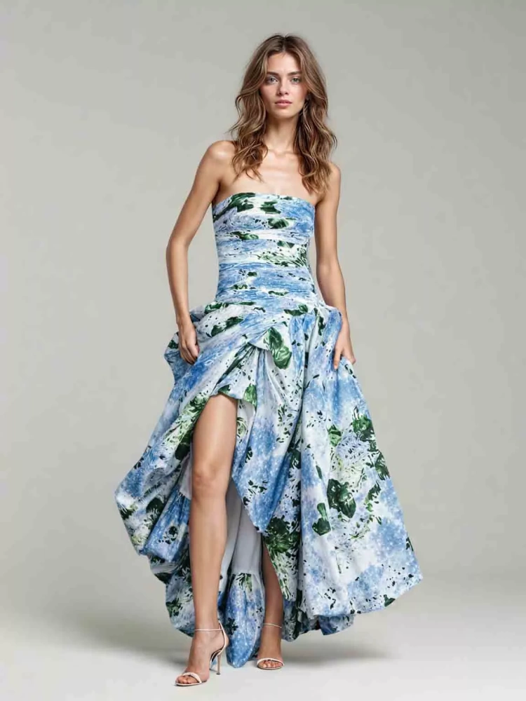 TWOTWINSTYLE Patchwork Strap Print Ruched Long Dress