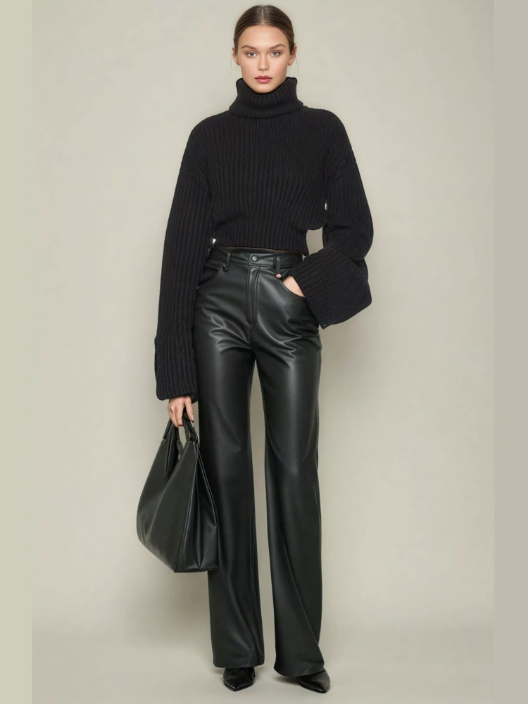 TWOTWINSTYLE Knitting Stand Collar Solid Sweater