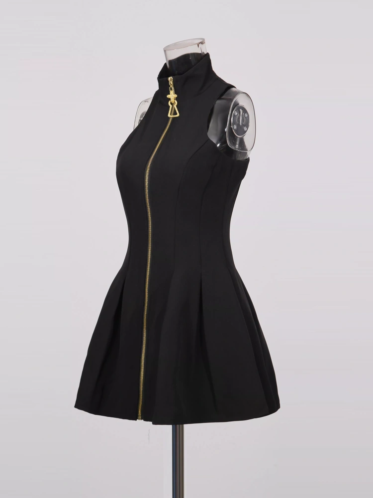TWOTWINSTYLE Sleeveless Solid Stand Collar Short Dress