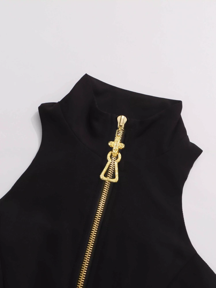 TWOTWINSTYLE Sleeveless Solid Stand Collar Short Dress