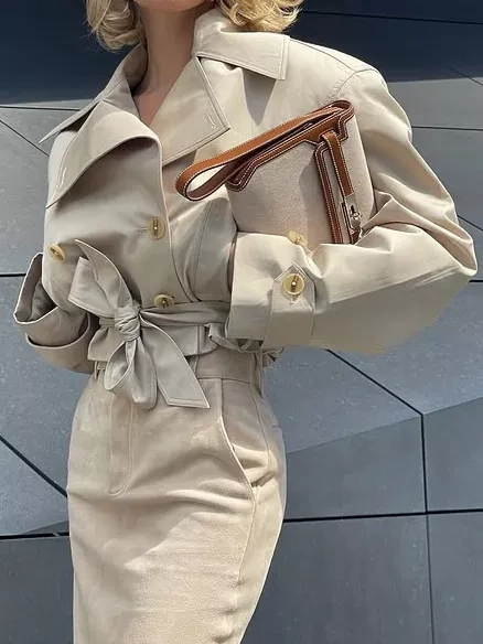 TWOTWINSTYLE Solid Lapel Patchwork Lace Up Jacket