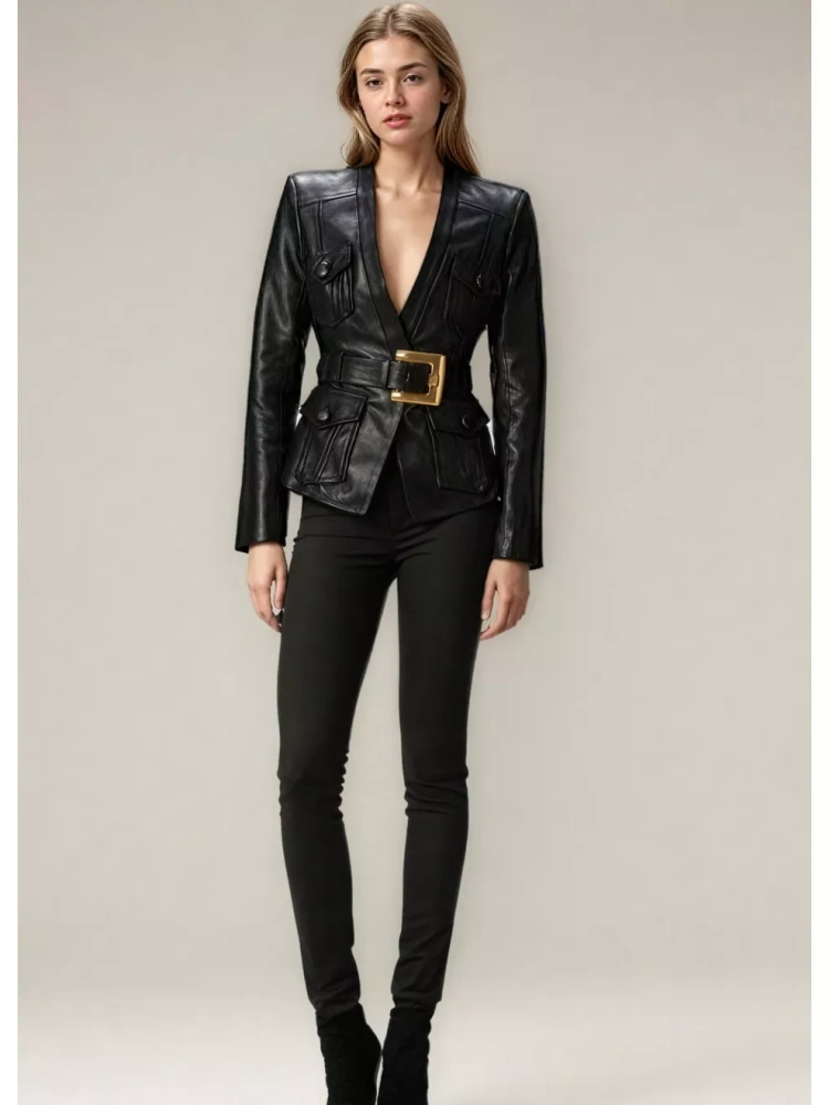 TWOTWINSTYLE V-neck Patchwork Belt PU Leather Jacket