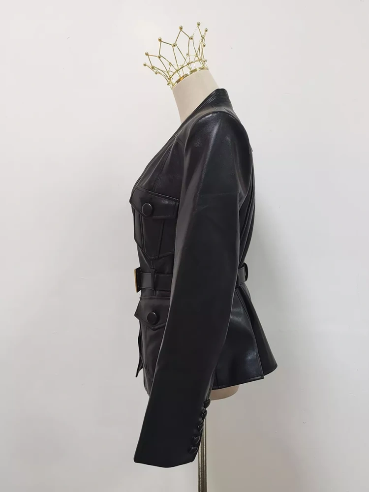TWOTWINSTYLE V-neck Patchwork Belt PU Leather Jacket
