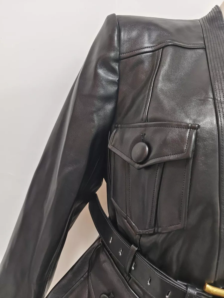 TWOTWINSTYLE V-neck Patchwork Belt PU Leather Jacket