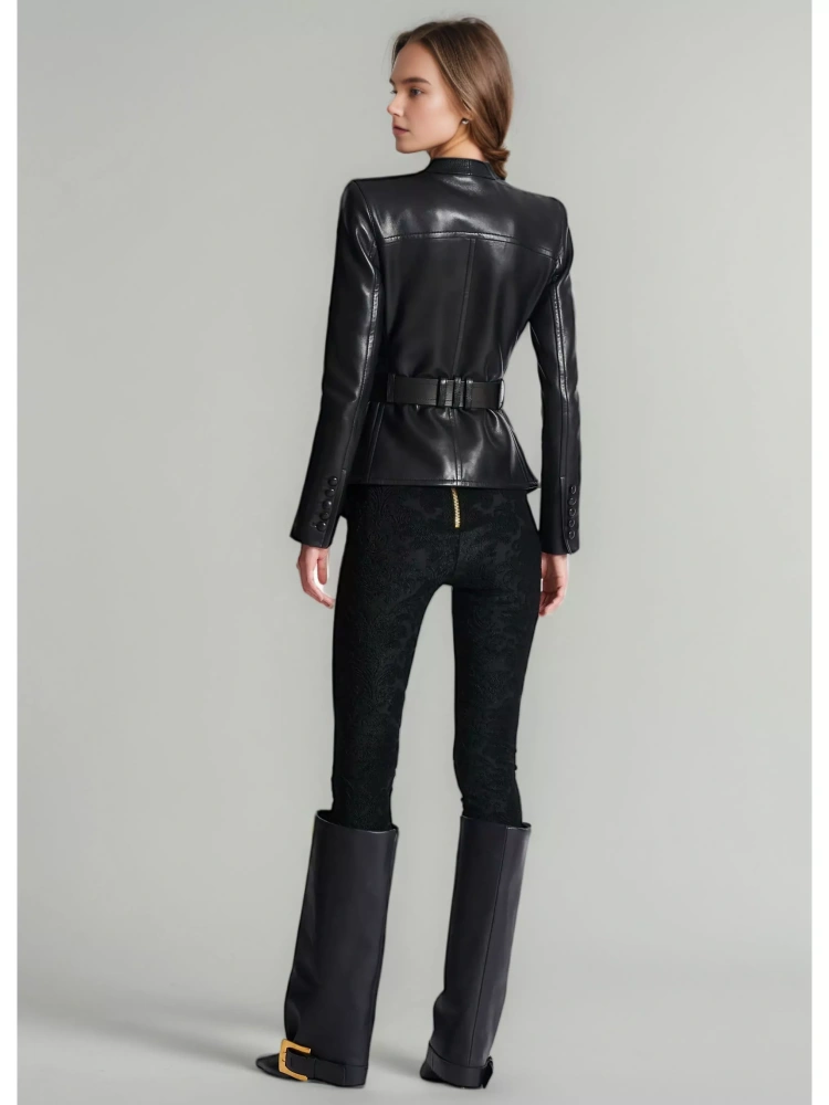 TWOTWINSTYLE V-neck Patchwork Belt PU Leather Jacket