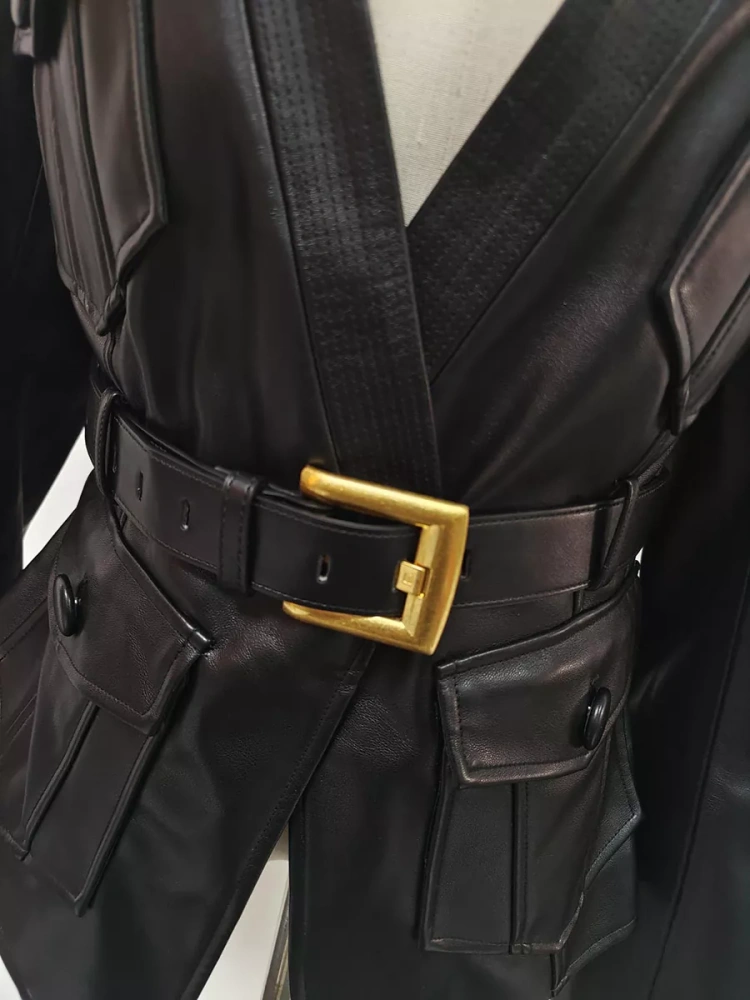 TWOTWINSTYLE V-neck Patchwork Belt PU Leather Jacket