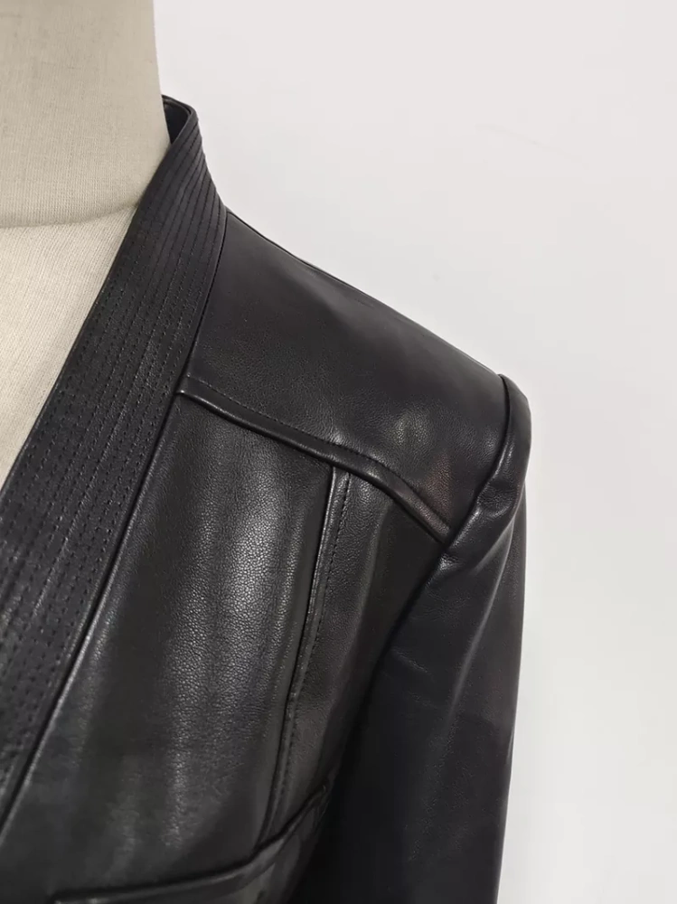 TWOTWINSTYLE V-neck Patchwork Belt PU Leather Jacket