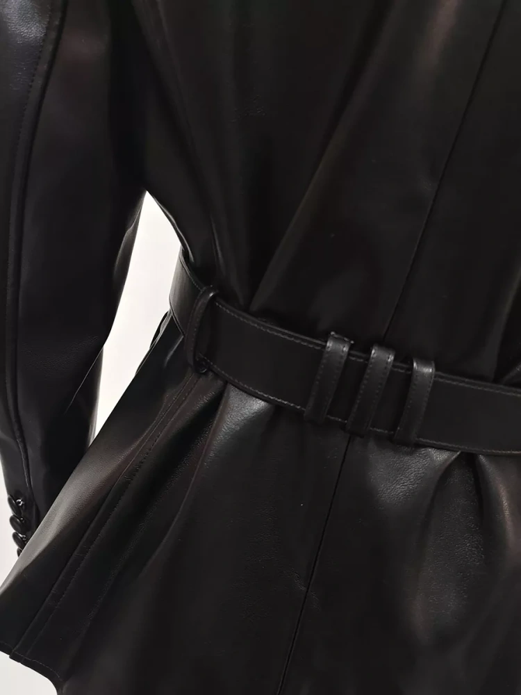 TWOTWINSTYLE V-neck Patchwork Belt PU Leather Jacket