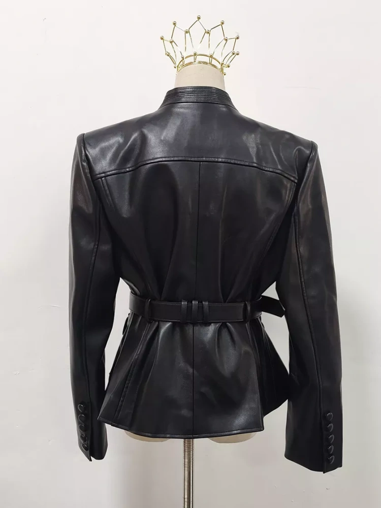 TWOTWINSTYLE V-neck Patchwork Belt PU Leather Jacket