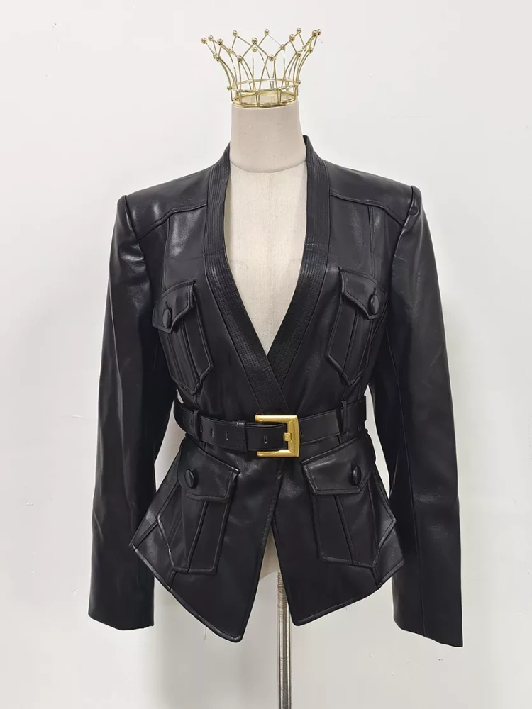 TWOTWINSTYLE V-neck Patchwork Belt PU Leather Jacket