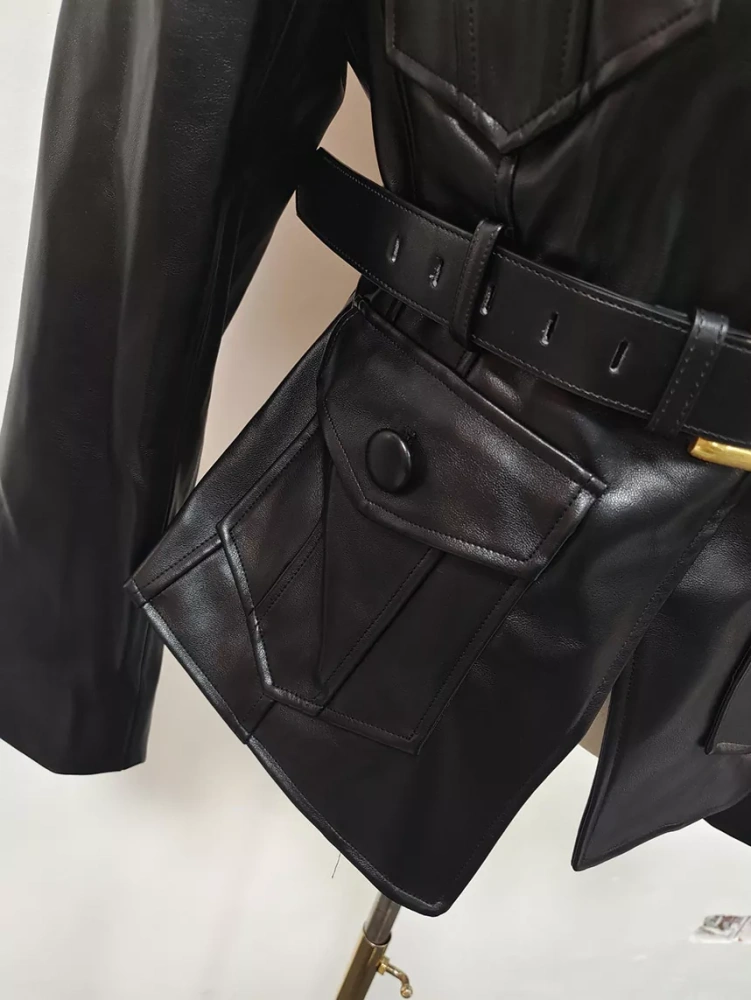 TWOTWINSTYLE V-neck Patchwork Belt PU Leather Jacket