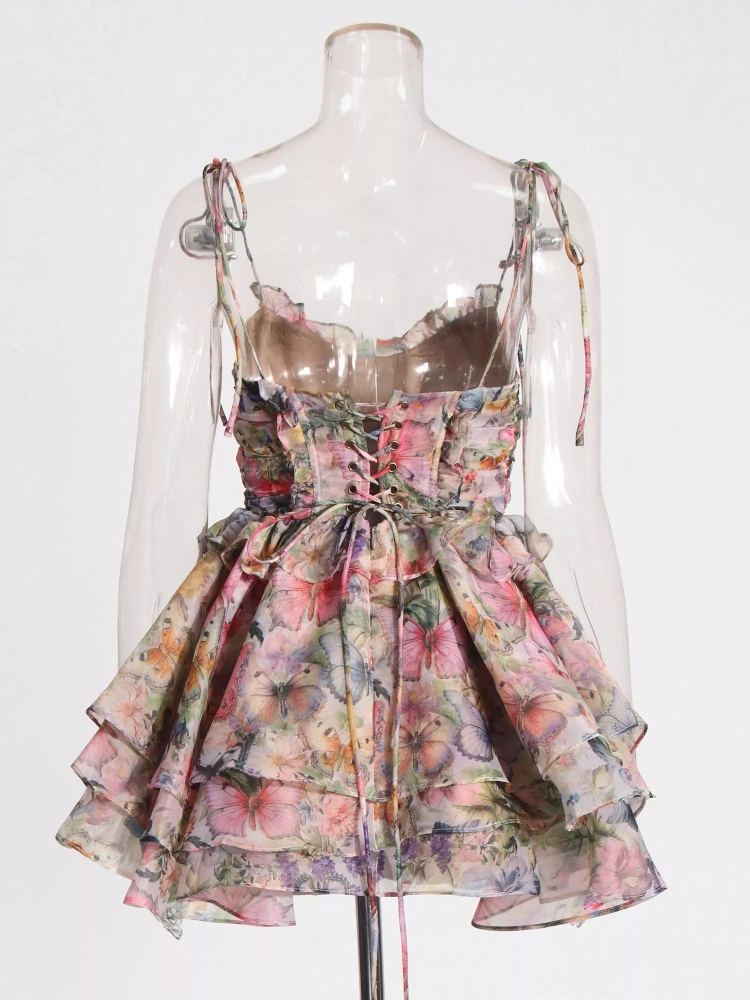TWOTWINSTYLE Chic Print Backless Spliced Strap Ruffles Mini Dress