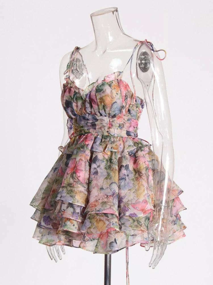 TWOTWINSTYLE Chic Print Backless Spliced Strap Ruffles Mini Dress