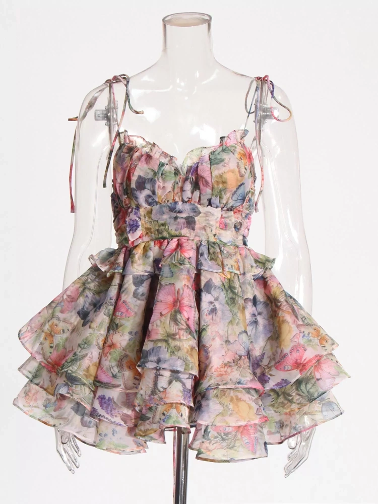 TWOTWINSTYLE Chic Print Backless Spliced Strap Ruffles Mini Dress
