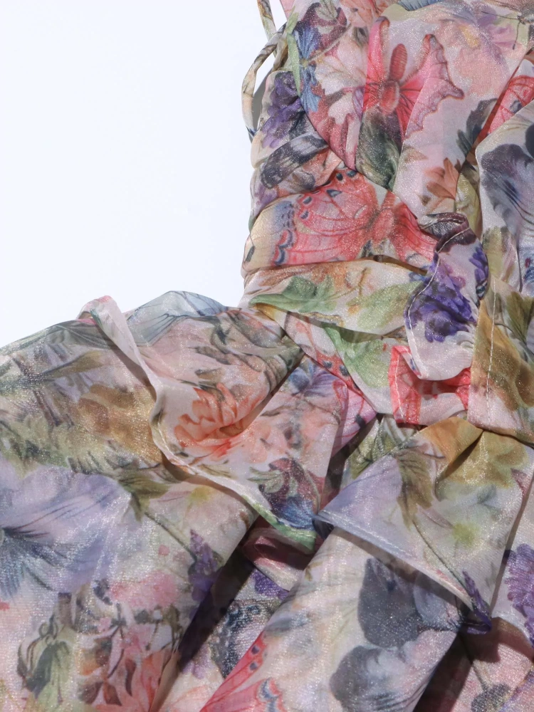 TWOTWINSTYLE Chic Print Backless Spliced Strap Ruffles Mini Dress