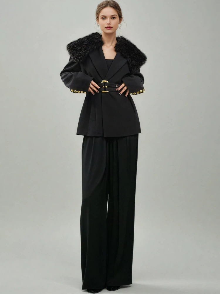 TWOTWINSTYLE Chic Spliced Fur Belt V-neck Solid Blazer