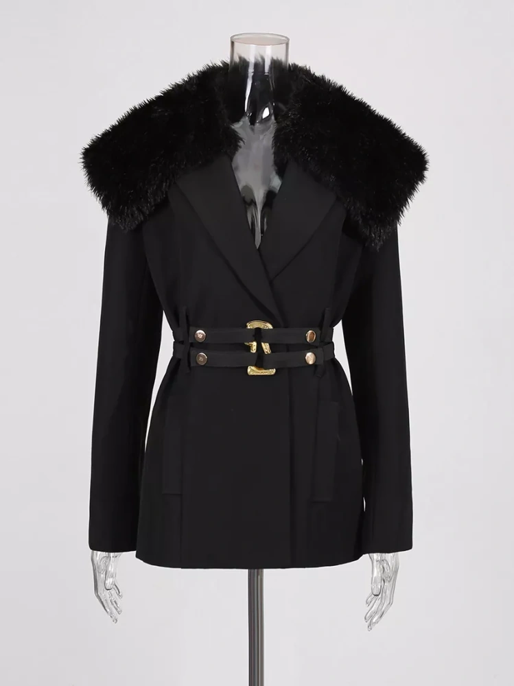 TWOTWINSTYLE Chic Spliced Fur Belt V-neck Solid Blazer