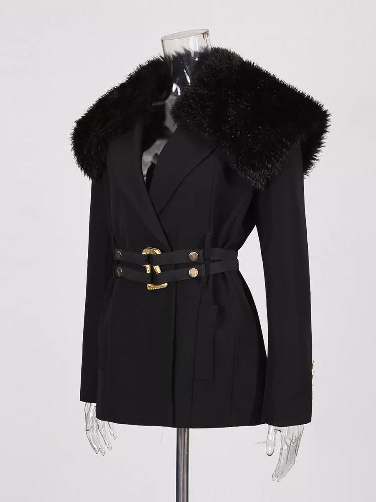 TWOTWINSTYLE Chic Spliced Fur Belt V-neck Solid Blazer