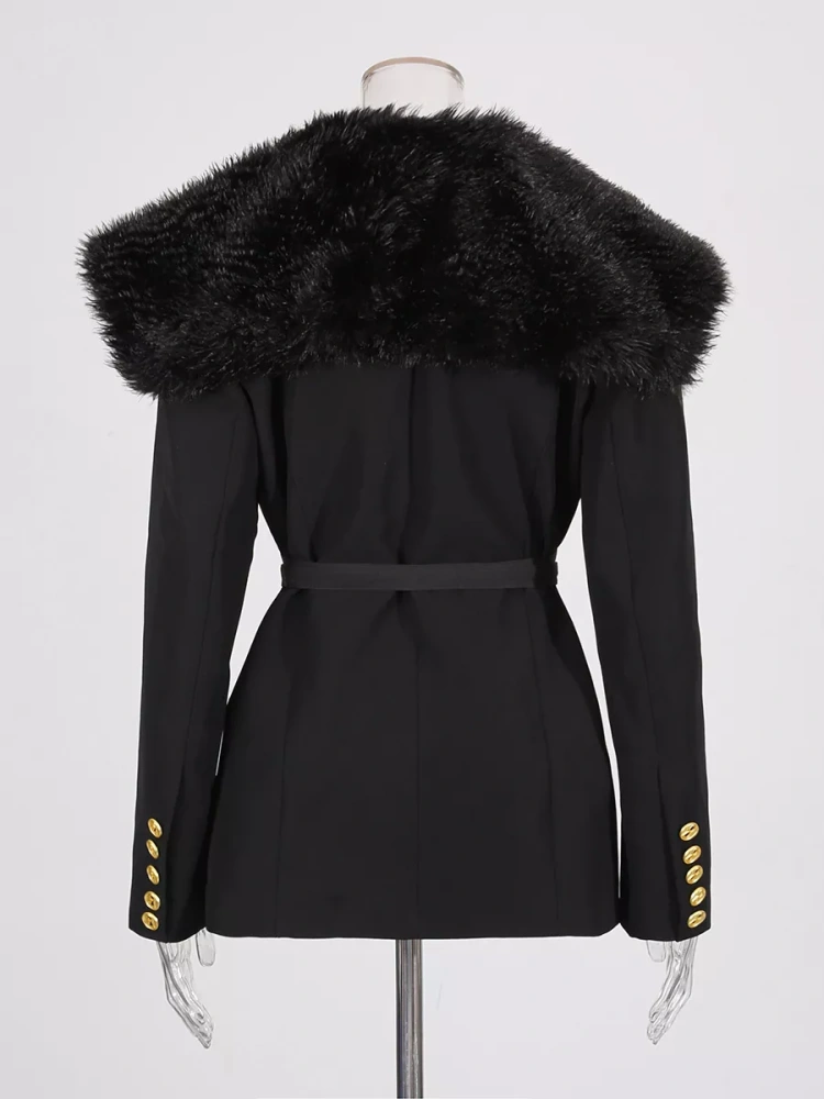 TWOTWINSTYLE Chic Spliced Fur Belt V-neck Solid Blazer