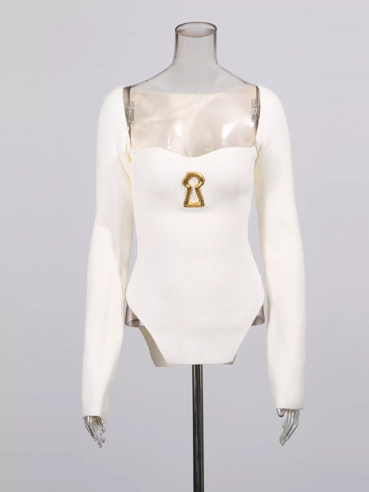 TWOTWINSTYLE Square Collar Splicing Metal Buckle Knitting Sweater