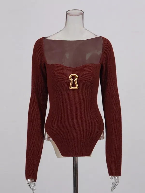 TWOTWINSTYLE Square Collar Splicing Metal Buckle Knitting Sweater