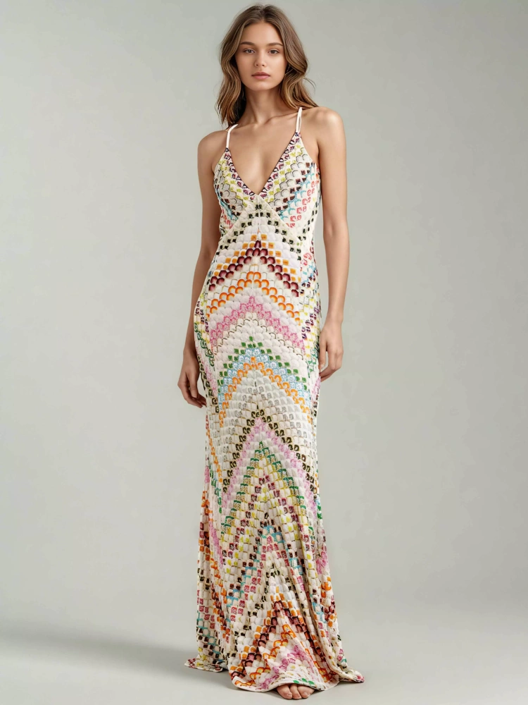 TWOTWINSTYLE Chic Colorblocked V-neck Patchwork Strap Backless Maxi Dress