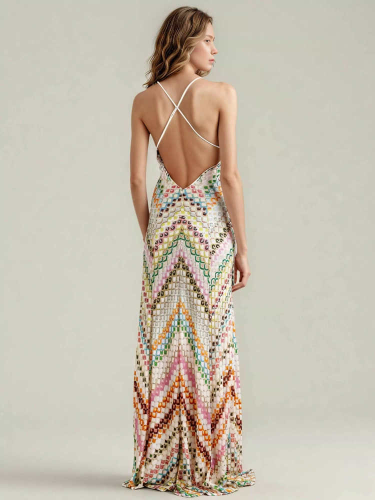 TWOTWINSTYLE Chic Colorblocked V-neck Patchwork Strap Backless Maxi Dress