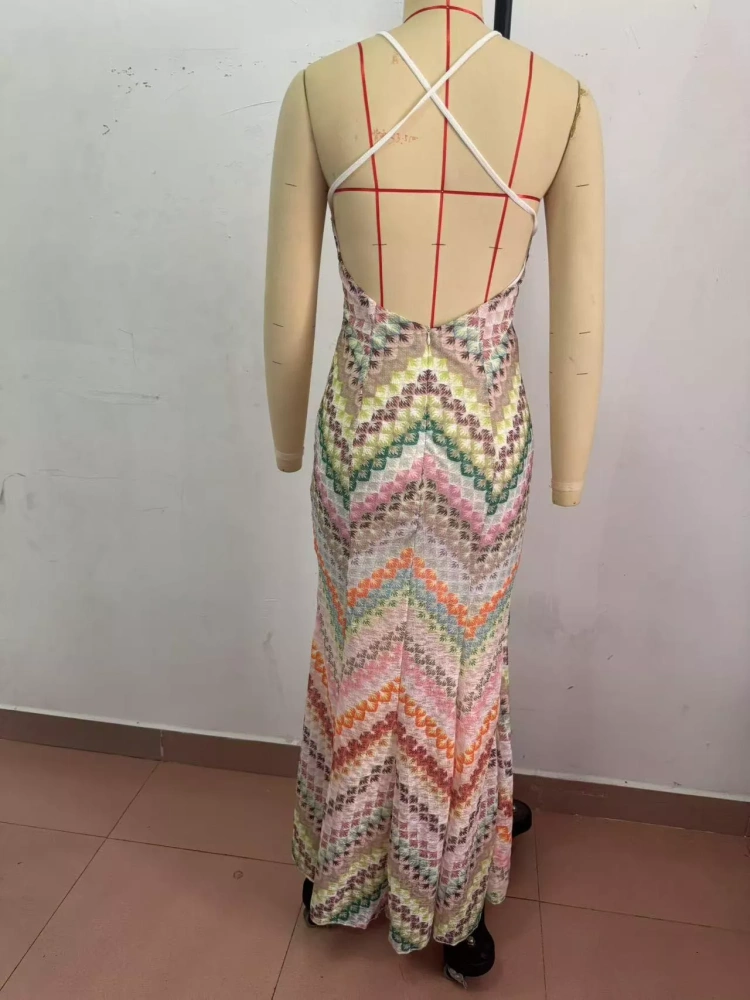 TWOTWINSTYLE Chic Colorblocked V-neck Patchwork Strap Backless Maxi Dress