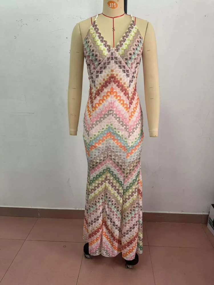 TWOTWINSTYLE Chic Colorblocked V-neck Patchwork Strap Backless Maxi Dress