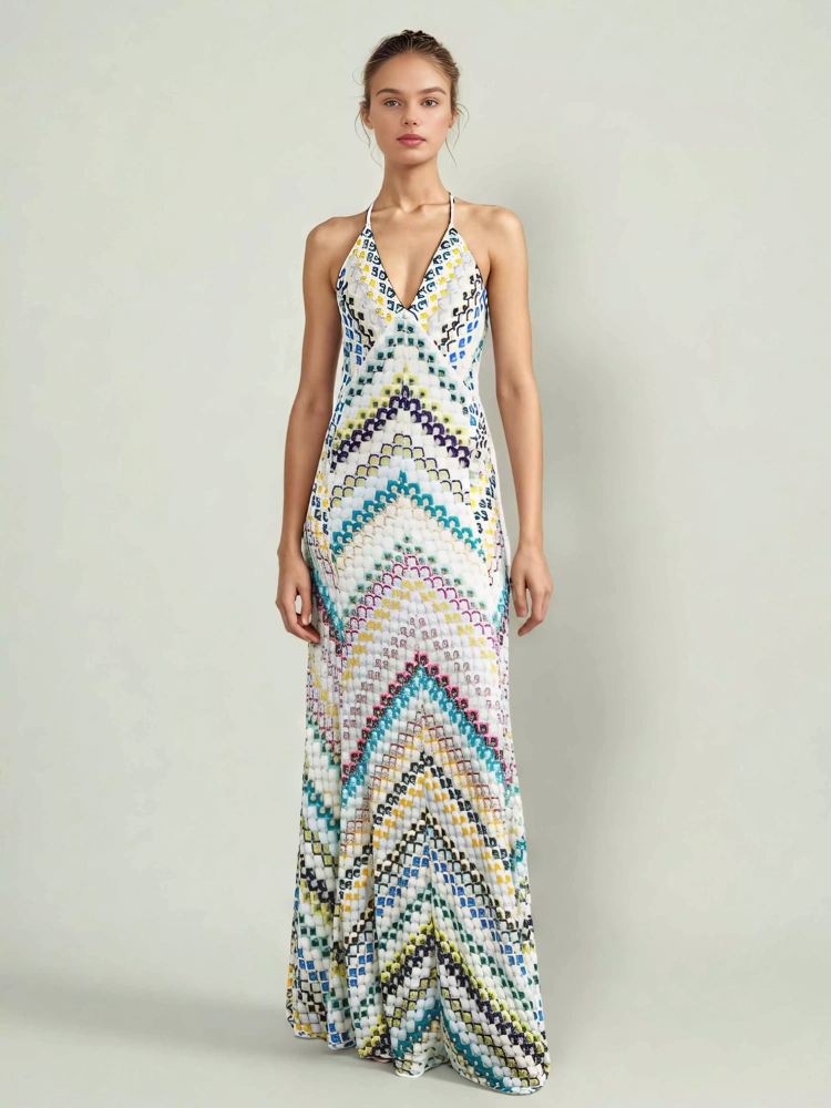 TWOTWINSTYLE Chic Colorblocked V-neck Patchwork Strap Backless Maxi Dress