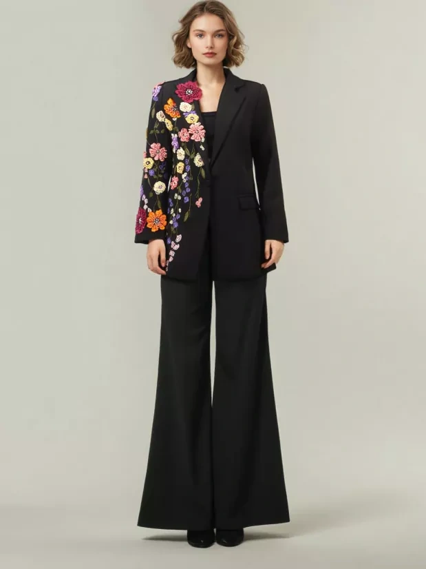 TWOTWINSTYLE Fashion Embroidery Spliced Pearls Deep V-neck Blazer