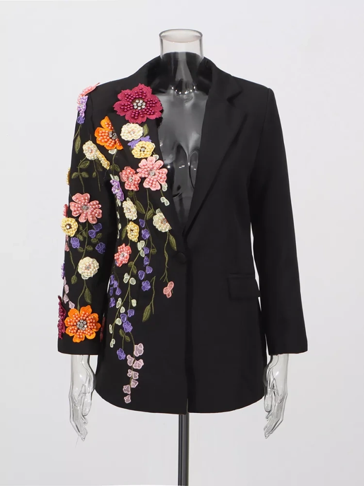 TWOTWINSTYLE Fashion Embroidery Spliced Pearls Deep V-neck Blazer