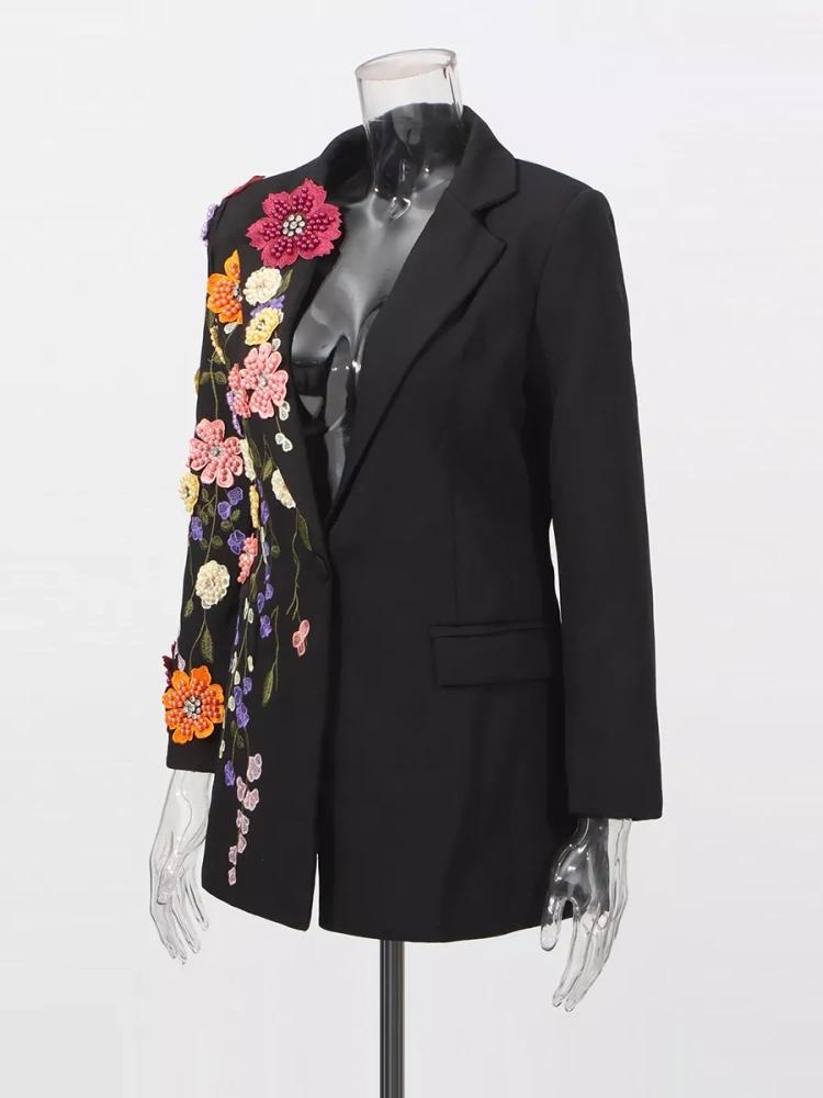 TWOTWINSTYLE Fashion Embroidery Spliced Pearls Deep V-neck Blazer