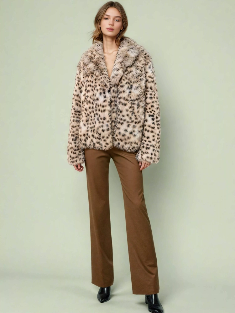 TWOTWINSTYLE Fashion Leopard Print Loose Spliced Faux Fur Coat