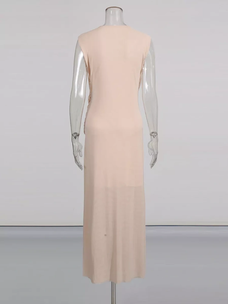 TWOTWINSTYLE Temperament Chic Side Split Ruched Round Neck Sleeveless Long Dress