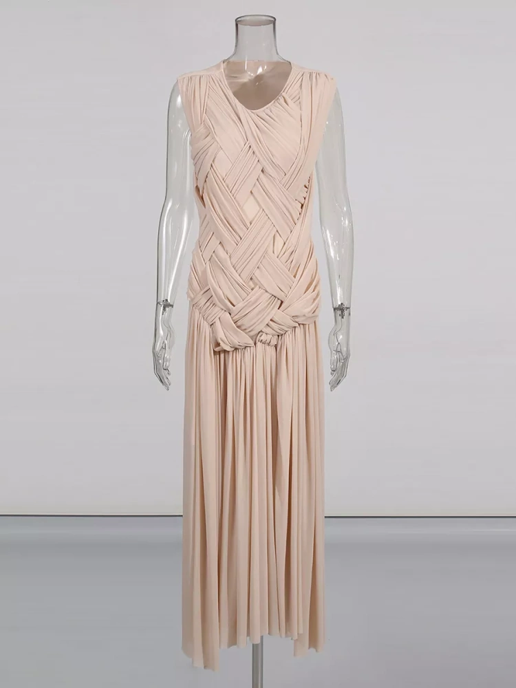 TWOTWINSTYLE Temperament Chic Side Split Ruched Round Neck Sleeveless Long Dress