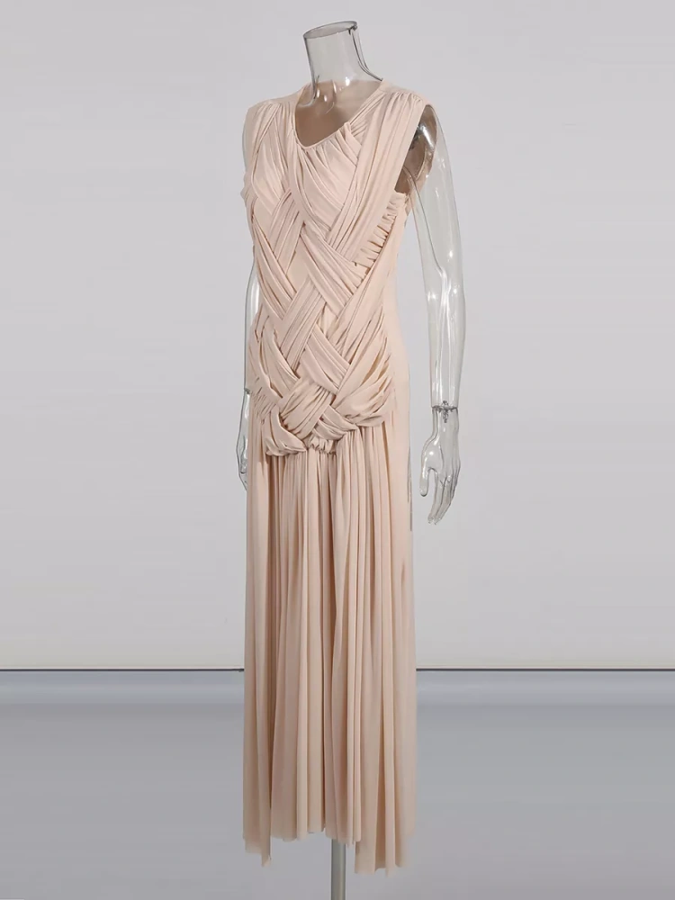 TWOTWINSTYLE Temperament Chic Side Split Ruched Round Neck Sleeveless Long Dress
