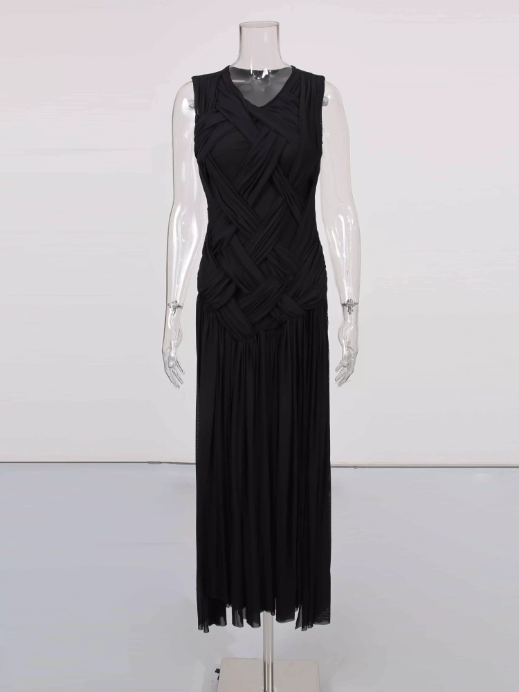 TWOTWINSTYLE Temperament Chic Side Split Ruched Round Neck Sleeveless Long Dress
