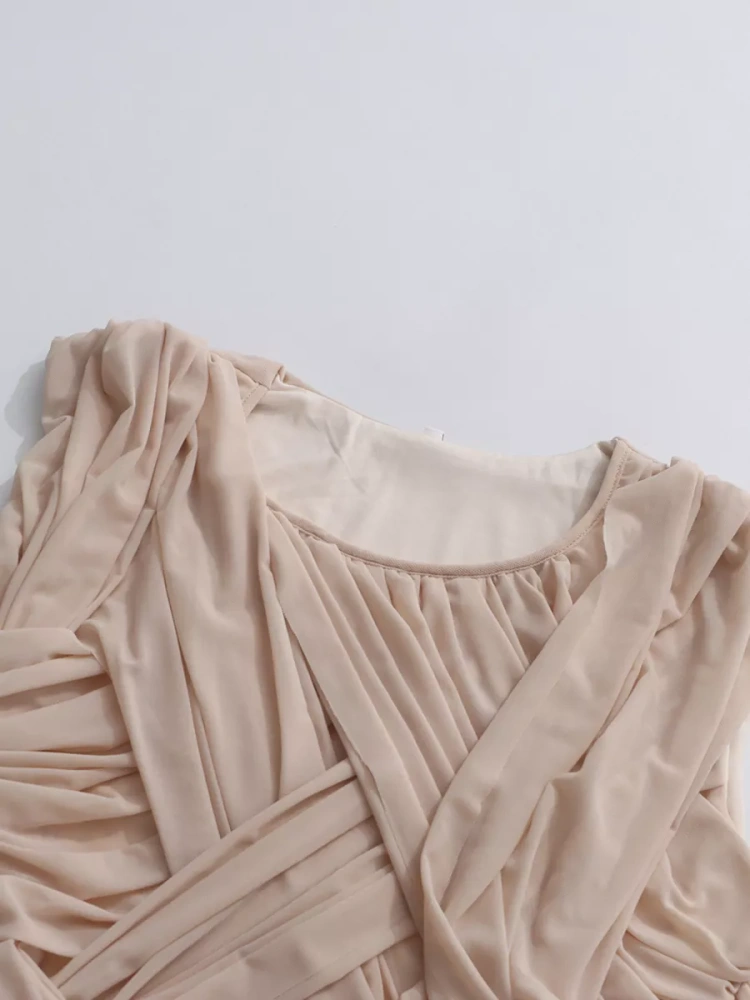 TWOTWINSTYLE Temperament Chic Side Split Ruched Round Neck Sleeveless Long Dress