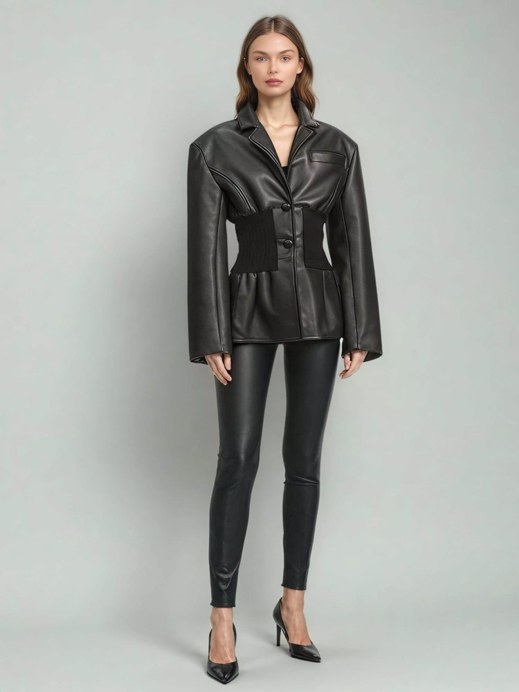 TWOTWINSTYLE Cool Fashion PU Leather V-neck Patchwork Knitted Fabric Jacket