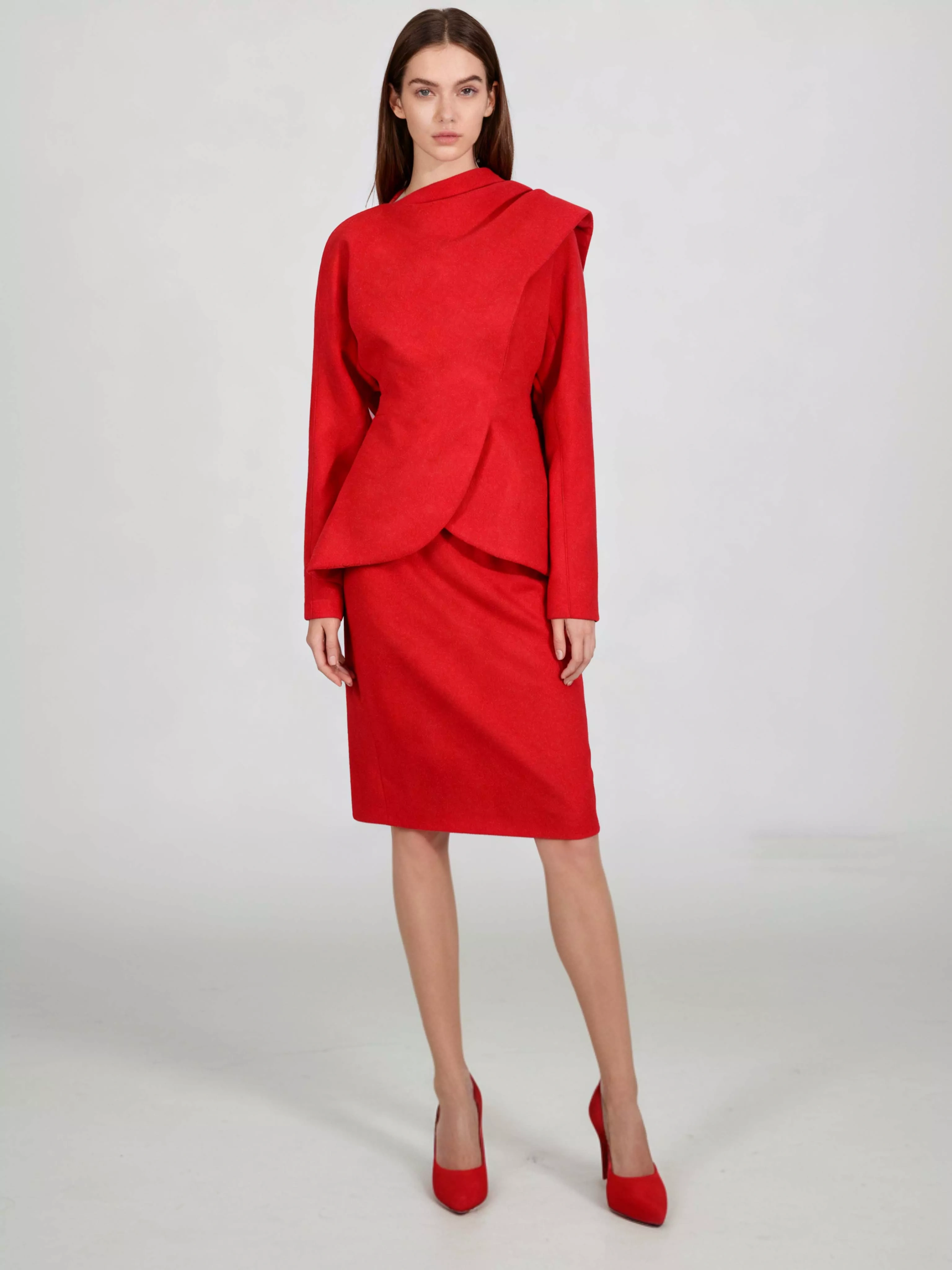 TWOTWINSTYLE Temperament Solid Fashionable Waist-Cinched Top + Bodycon Skirt Two Piece Set