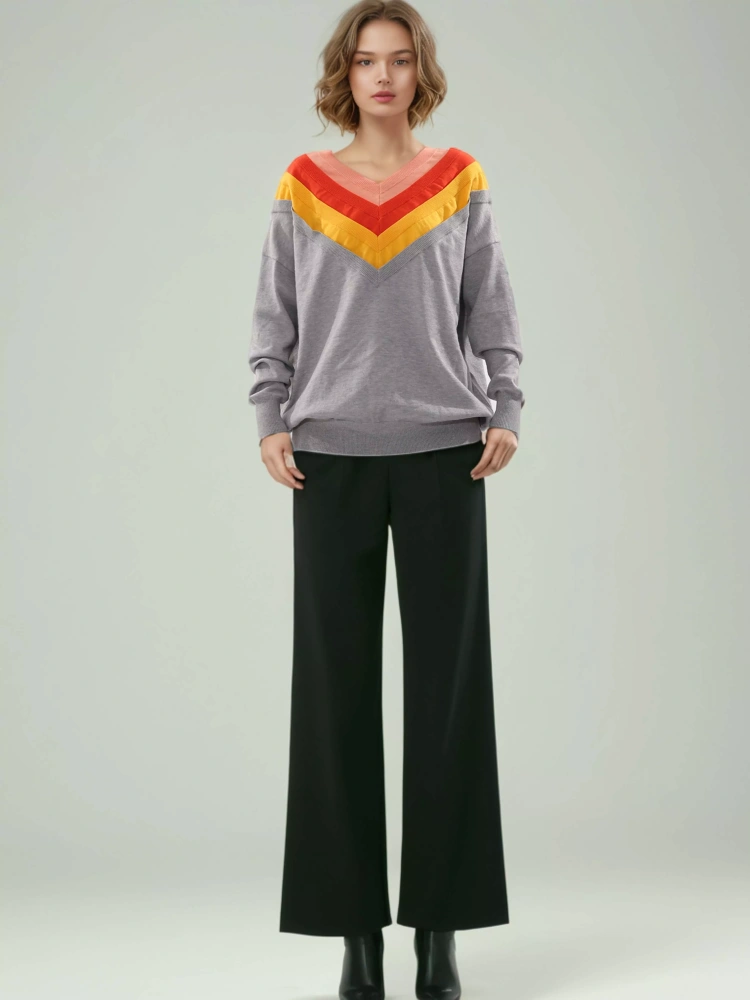 TWOTWINSTYLE Color Blocked V-neck Chic Casual Fashion Sweater