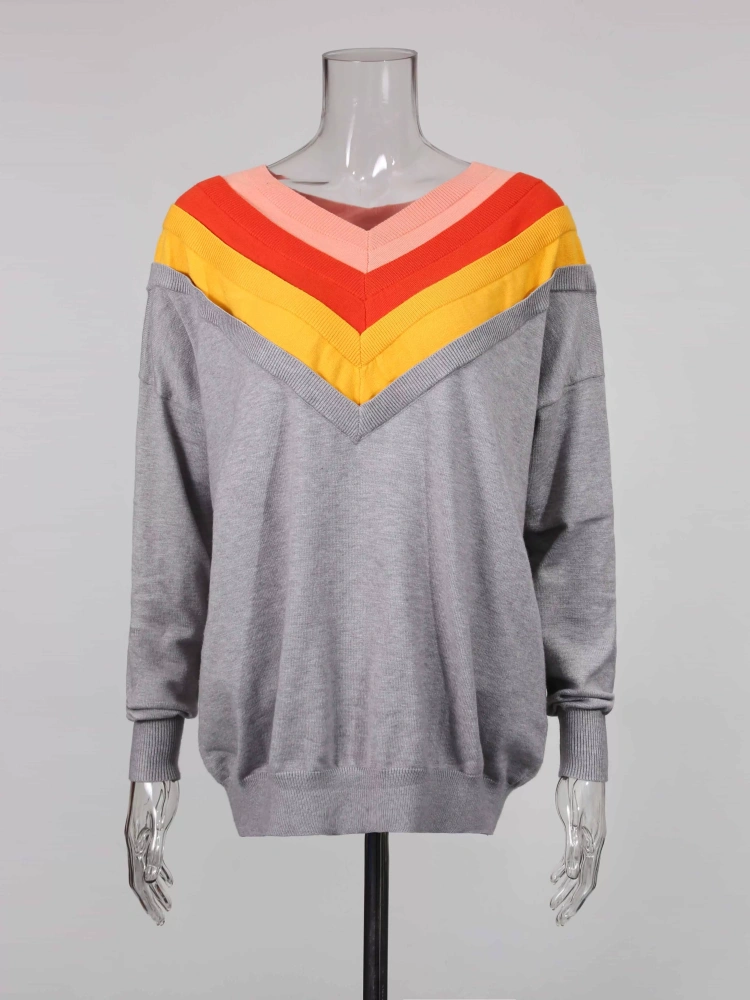 TWOTWINSTYLE Color Blocked V-neck Chic Casual Fashion Sweater