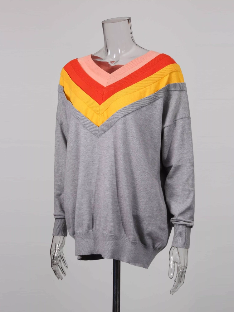 TWOTWINSTYLE Color Blocked V-neck Chic Casual Fashion Sweater