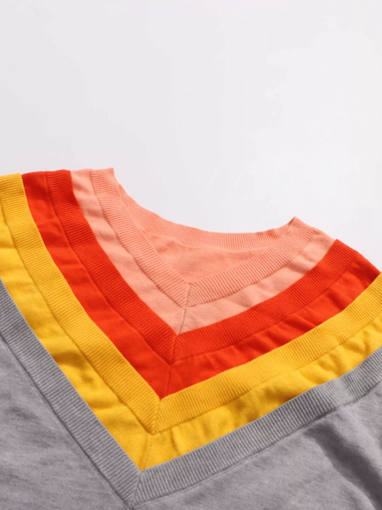 TWOTWINSTYLE Color Blocked V-neck Chic Casual Fashion Sweater