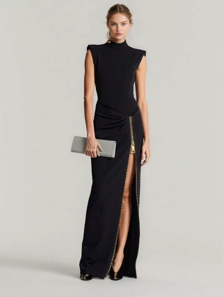 TWOTWINSTYLE Fashionable Sleeveless Stand Collar Side Split Patchwork Zipper Long Dress
