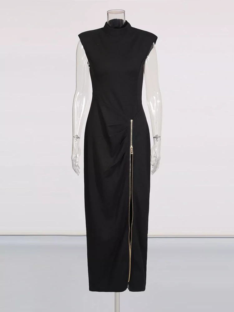 TWOTWINSTYLE Fashionable Sleeveless Stand Collar Side Split Patchwork Zipper Long Dress