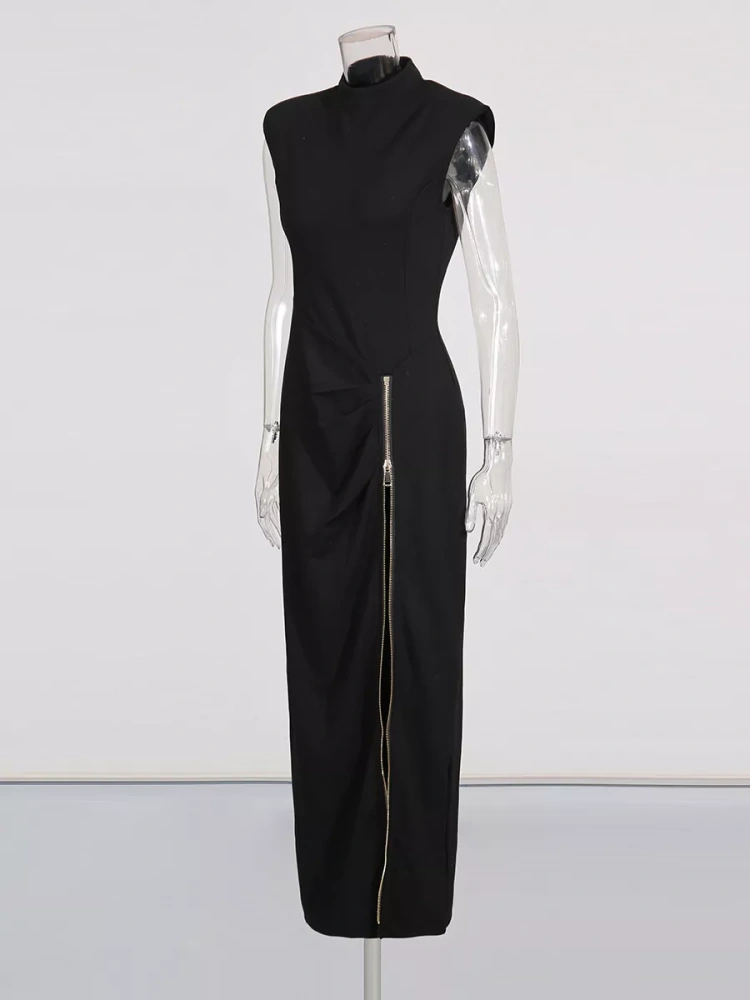 TWOTWINSTYLE Fashionable Sleeveless Stand Collar Side Split Patchwork Zipper Long Dress