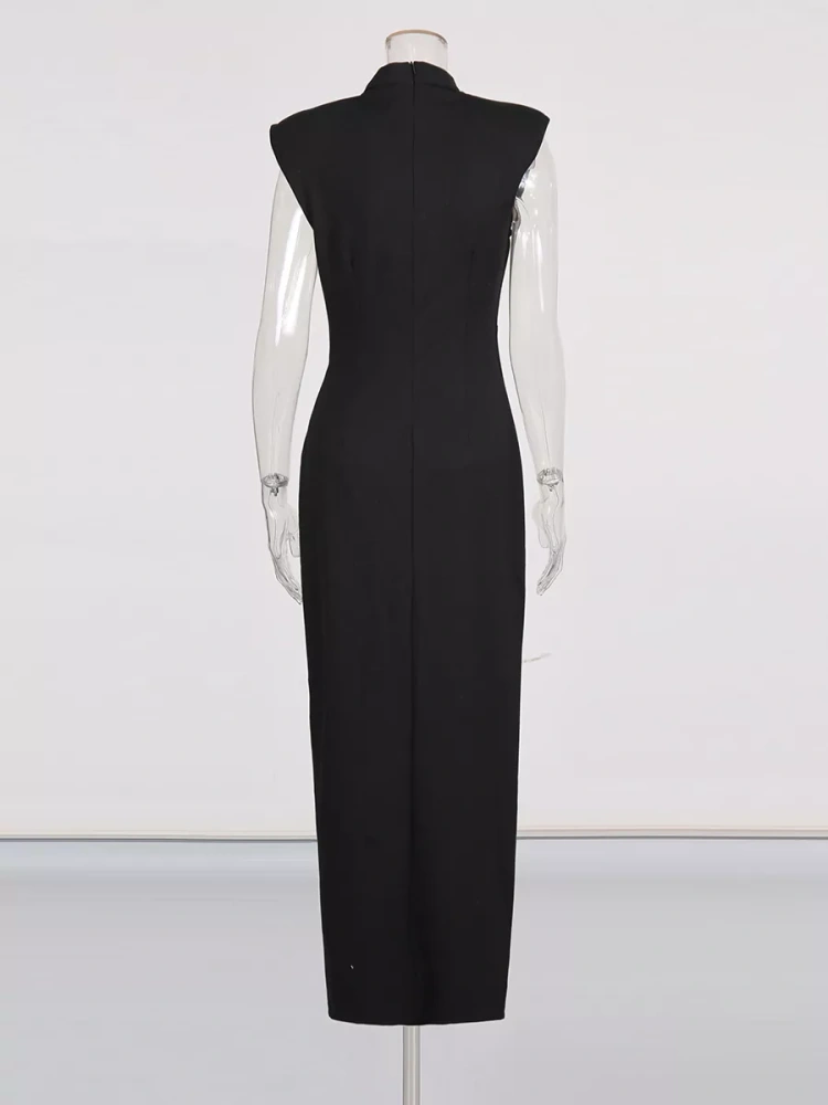 TWOTWINSTYLE Fashionable Sleeveless Stand Collar Side Split Patchwork Zipper Long Dress