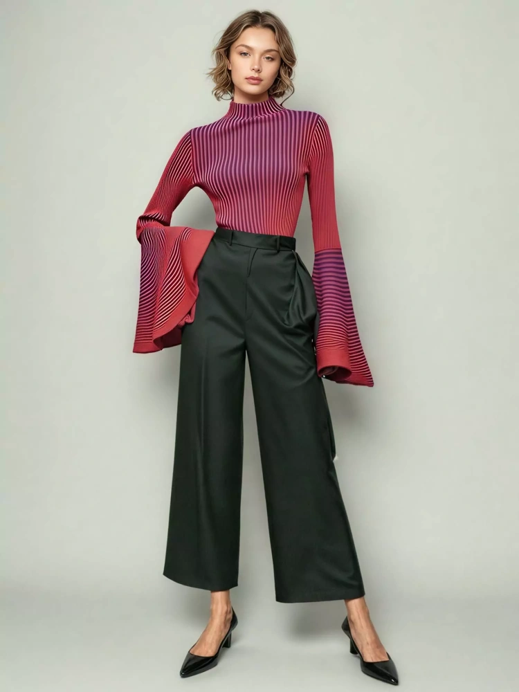 TWOTWINSTYLE Hit Color Striped Stand Collar Ruffle Sleeve Sweater